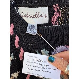 80s/90s Gabriella's Black Floral Chunky Knit Sweater Oversized‎ Ramie Cotton